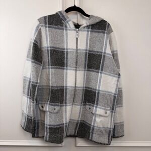 Rachel Zoe Grey White Plaid Eyelash Knit Zip Up Hoodie Jacket Womens 1X